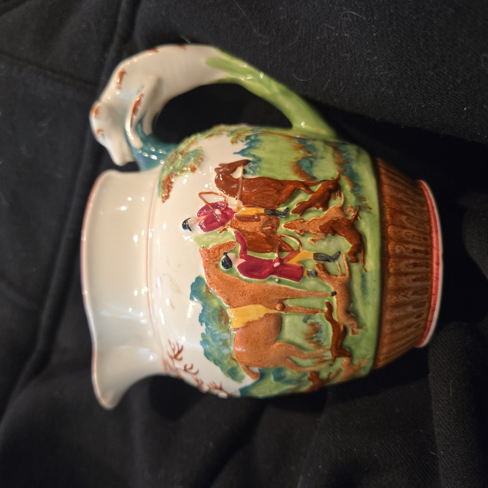 Wedgwood Dye Ken Jon Peel 1829 Vintage Equestrian Ceramic Pitcher W Dog Handle